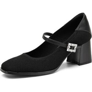 ๐Women Black Mid Block Heel Buckle Strap Pumps Comfortable Square Toe Shoes